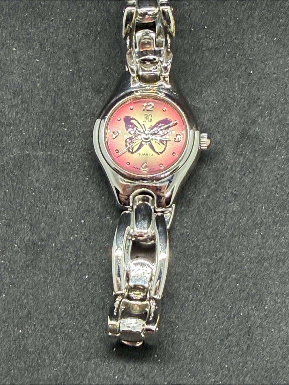 Butterfly Dial Silver-Tone Women’s Bracelet Watch - Pink Dial Faded Glory Works